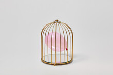 Golden Birdcage With Pink Balloon Inside