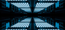 Sci Fy Neon Lamps In A Dark Corridor. Reflections On The Floor And Walls. 3d Rendering Image.