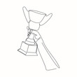 Continuous line drawing of hand holding trophy award celebration. Single one line art of winner achievement trophy. Vector illustration 