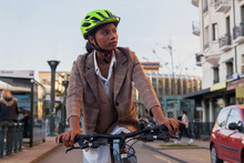 Business Woman Riding A Bike In City, Bicycle Commute