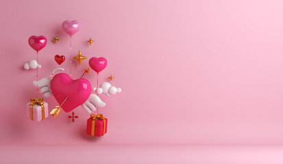 Wall Mural - Happy Valentines day background with gift box, heart shape wing arrow, copy space text, 3D rendering illustration