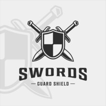 Shield And Sword Logo Vintage Vector Illustration Template Icon Graphic Design. Swords Or Blade Or Saber Sign And Symbol For Company With Backgrounds And Black White Color