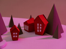 Miniature Houses And Christmas Tree