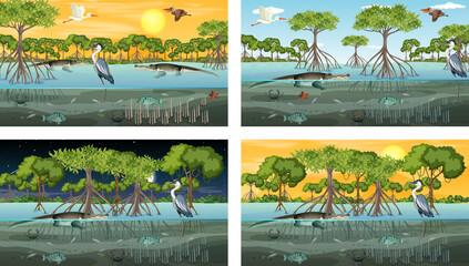 Wall Mural - Different mangrove forest landscape scenes with animals