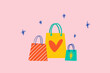 © Gemma can fly/Stocksy - Shopping bags illustration on pink background