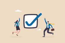 Complete Task, Accomplishment Or Project Done Checklist, Success Or Achievement Checkbox, Job Done Concept, Happy Business People Celebrate Completed Checkmark  After Finish Responsible Project.