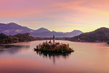 Aerial View Of A Beautiful Sunrise On Lake Bled  