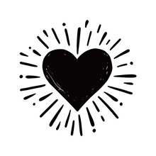 Heart Hipster Sunburst. Hand Drawn Sketch Style. Black Heart Vector Illustration For Grunge Frame, Love Quote.