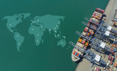 Aerial top view containers ship cargo business commercial logistic and transportation international import export by container freight cargo ship in the open seaport show ocean network on map.