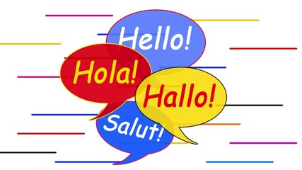 Wall Mural - Greeting Words in Different Language on Bubble Speech Animation. Hi, hallo, Hola and Salut in English, Spanish, German, and Canadian idiom. Communication Concept  