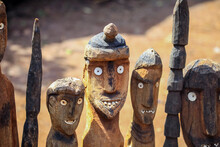 Wooden Memorial Totems (statues) With Eyes And Sticks In Traditional Tribal Konso Village, Ethiopia