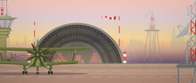Airport With Military Aircraft, Runway And Aviation Control Point. Cartoon Style.