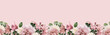 Floral border banner, header with copy space. Roses and lily isolated on pink background. Natural flowers wallpaper or greeting card.