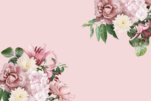 Floral Banner, Header With Copy Space. Roses, Lily And Hydrangea Isolated On Pink Background. Natural Flowers Wallpaper Or Greeting Card.