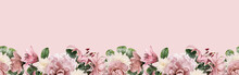 Floral Border Banner, Header With Copy Space. Roses And Lily Isolated On Pink Background. Natural Flowers Wallpaper Or Greeting Card.