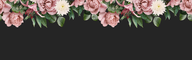 Floral banner, header with copy space. Pink roses and lily isolated on dark grey background. Natural flowers wallpaper or greeting card.