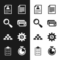 Sticker - Set Credit card, Magnifying glass, Resume, Document, Gold bars and Gear with dollar symbol icon. Vector