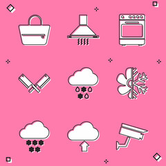 Sticker - Set Handbag, Kitchen extractor fan, Oven, Crossed meat chopper, Cloud with snow rain and Air conditioner icon. Vector