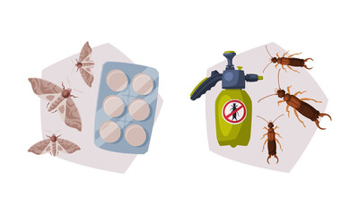 Sticker - Pest Control with Chemical in Bottle, Repellent Pills and Moth Vector Set