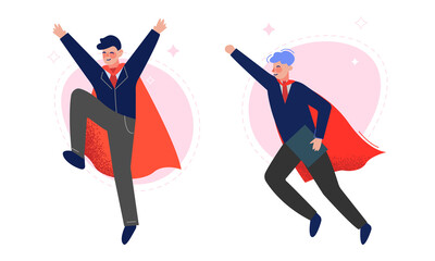 Sticker - Super Businesspeople Character in Red Cape Jumping and Flying Vector Set