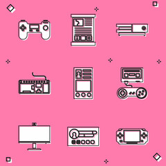 Poster - Set Gamepad, guide, Video game console, Computer keyboard, Create account screen, with joystick, monitor and icon. Vector