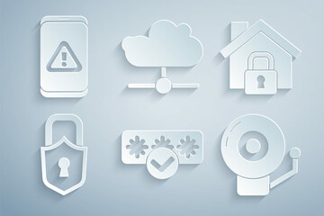 Sticker - Set Password protection, House under, Lock, Ringing alarm bell, Network cloud connection and Mobile with exclamation mark icon. Vector