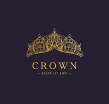 Abstract Luxury, Royal Golden Company Logo Icon Vector Design. Elegant Crown, Tiara, Diadem Premium Symbol. Hand Drawn Lace Jewelry, Arabic, Restaurant