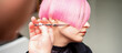 © okskukuruza - Hand of a hairdresser cutting short pink with scissor hair in a hairdressing salon, close up, side view