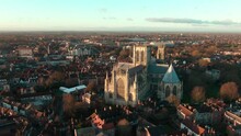 Push In Parallax Drone Shot Of Huge Gothic Cathedral In Historic Viking City In England