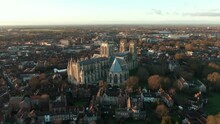 Drone Sunset Pull Back Revealing Huge Cathedral York Minster In Historic City