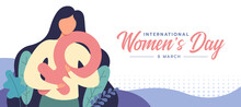 International Women's Day - Woman Hug Female Symbol And Leafs On Abstract Dot Purple Texture Background Vector Design