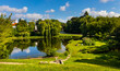 Morskie Oko pond park below Pulawska and Dworkowa street in Mokotow district with Srodmiescie downtown view of Warsaw in Poland