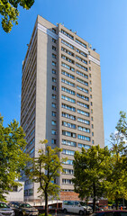 Large scale project residential tower at 2 Dworkowa street above Morskie Oko pond park in Mokotow district of Warsaw in Poland