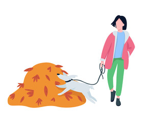 Woman walk with pet in fall semi flat color vector character. Outdoor figure. Full body person on white. Autumn activity isolated modern cartoon style illustration for graphic design and animation