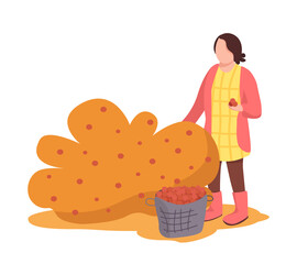 Poster - Woman gathering fall berries semi flat color vector character. Gardening figure. Full body person on white. Autumn activity isolated modern cartoon style illustration for graphic design and animation