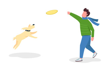 Man playing fetch with dog semi flat color vector character. Two figures. Full body person on white. Autumn activity isolated modern cartoon style illustration for graphic design and animation