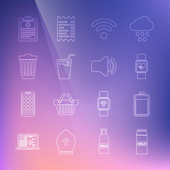 Sticker - Set line Paper package for milk, Battery, Smart watch heart beat rate, Wi-Fi wireless network, Glass with water, Trash can, Clinical record and Speaker volume icon. Vector