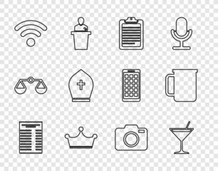 Sticker - Set line Paper or financial check, Martini glass, Clipboard with document, Crown, Wi-Fi wireless network, Pope hat, Photo camera and Coffee cup icon. Vector