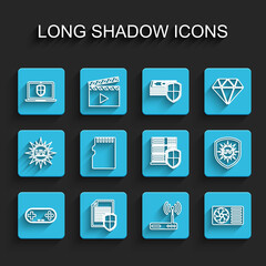 Wall Mural - Set line Gamepad, Document protection, Laptop with shield, Router and wi-fi, Air conditioner, Micro SD memory card, UV and Server icon. Vector