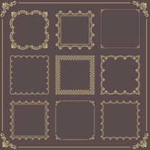 Vintage Set Of Vector Elements. Different Square Elements For Decoration And Design Frames, Cards, Menus, Backgrounds And Monograms. Classic Patterns. Set Of Golden Patterns