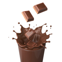 Poster - dark chocolate bar falling to Pouring Chocolate glass, 3d illustration.