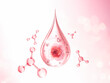 Pink collagen serum or essence drop, gluta cosmetic product with Rose flower inside bubble, 3d rendering.