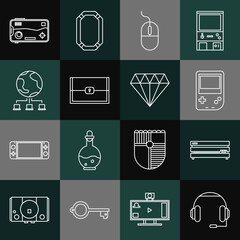 Poster - Set line Headphones, Video game console, Portable video, Computer mouse, Chest for, network, Mobile and playing in and Diamond icon. Vector