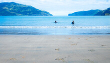 Two Boys Learning To Surf On The New Zealand Coast Of The South Island In Wainui In The Summer.