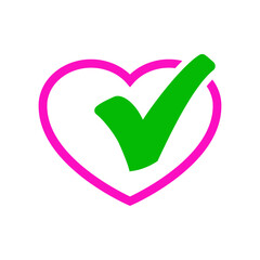 Poster - Logo buena salud. Icono con corazón como casilla de verificación con checkmark con líneas en color rosa y verde