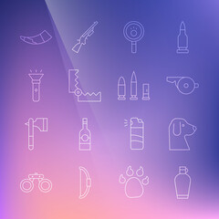 Sticker - Set line Canteen water bottle, Dog, Whistle, Paw search, Trap hunting, Flashlight, Hunting horn and Bullet and cartridge icon. Vector