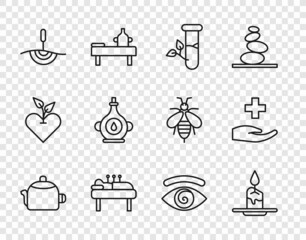 Wall Mural - Set line Kettle with handle, Aroma candle, Laboratory glass leaves, Acupuncture therapy, Oil bottle, Hypnosis and Cross hospital medical icon. Vector