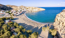 Sunrise Over The Empty Beach Of Matala Seaside Resort Town, Crete, Greek Islands