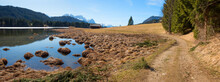 Hiking Trail From Lake Barmsee To Geroldsee, Wetterstein Mountains, Panorama Landscape In March
