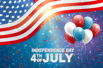 Wall Mural - 4th of July United States national Independence Day celebration background with American flag, confetti, and balloons. Party concept. Vector illustration.